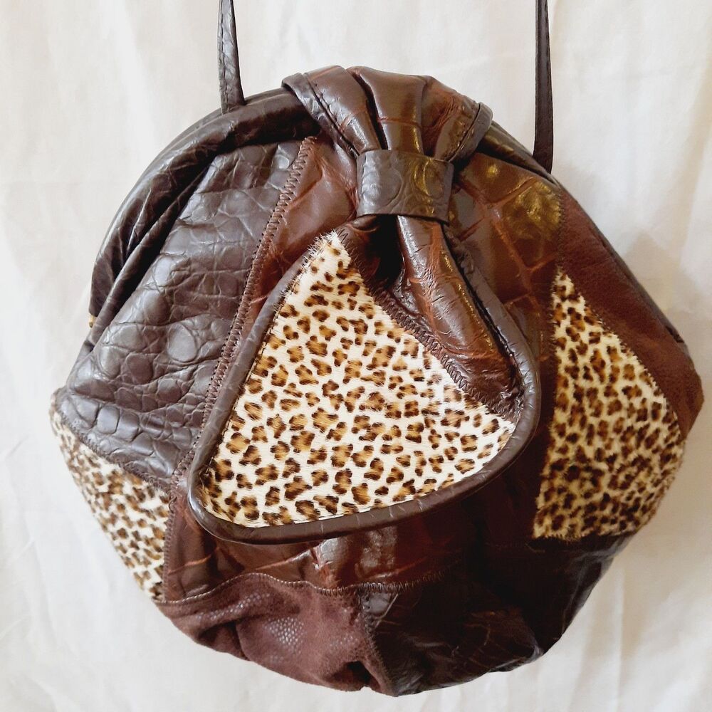 Vintage Aruba Bags Patchwork Mixed Crocodile Embossed Leather Lepord Print Purse